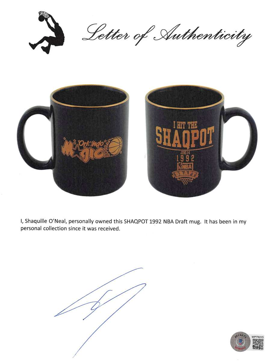 
Magic Shaquille O'Neal Signed Shaqpot 1992 NBA Draft Coffee Mug BAS Wit #WP79165