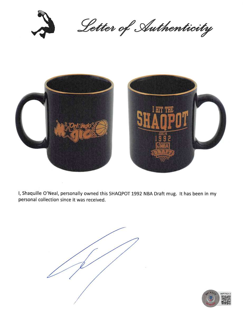 
Magic Shaquille O'Neal Signed Shaqpot 1992 NBA Draft Coffee Mug BAS Wit #WP79164