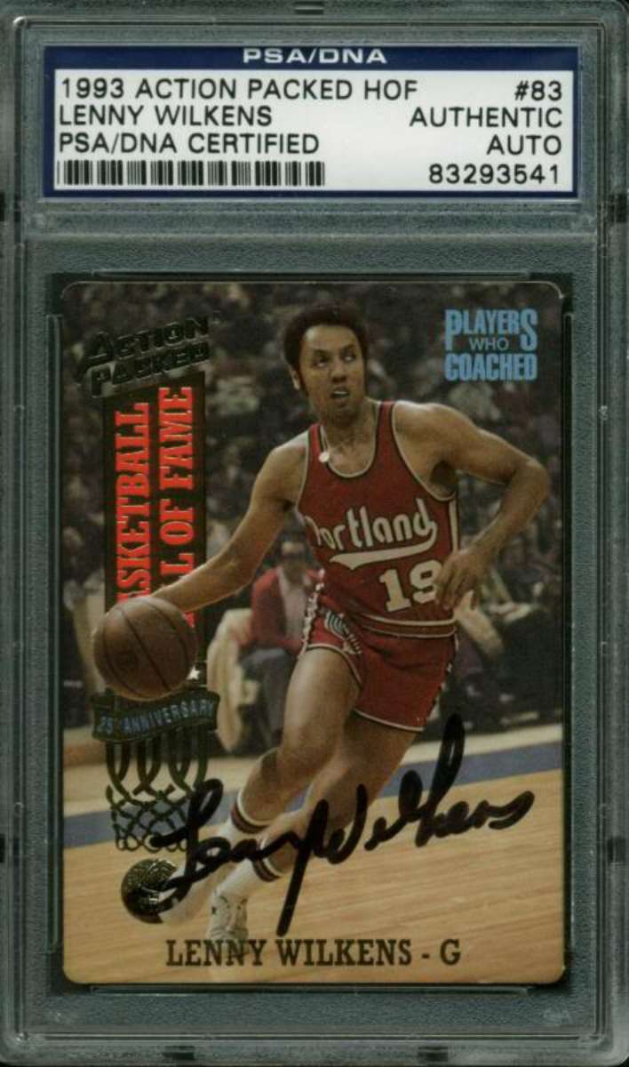 
Blazers Lenny Wilkens Authentic Signed Card 1993 Action Packed HOF PSA Slabbed