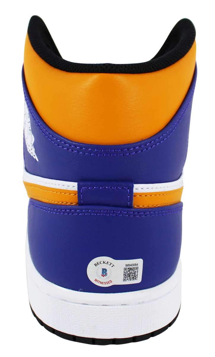 
Magic Johnson Signed Left Nike Air Jordan 1 2022 Lakers Shoe w/ Case BAS Wit