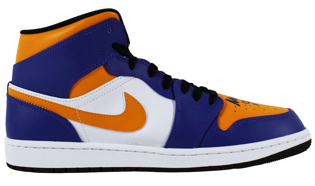 
Magic Johnson Signed Left Nike Air Jordan 1 2022 Lakers Shoe w/ Case BAS Wit