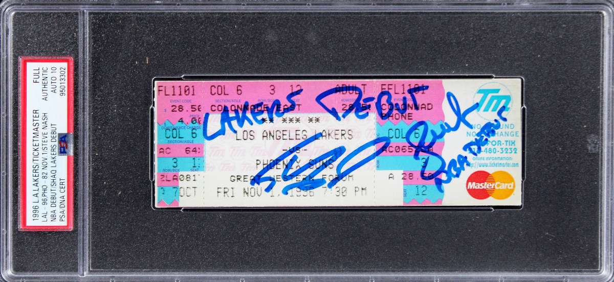 
Shaquille O'Neal & Steve Nash Signed 11/1/96 Full Ticket Stub Auto 10 PSA Slab 2