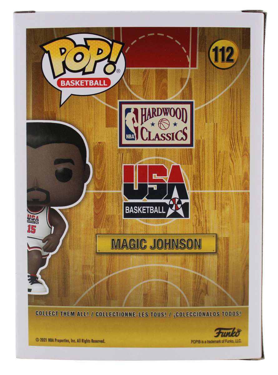
Lakers Magic Johnson Signed USA #112 Funko Pop Vinyl Figure w/ Blue Sig BAS Wit