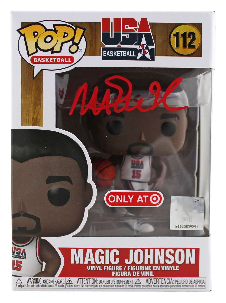 
Lakers Magic Johnson Signed USA #112 Funko Pop Vinyl Figure w/ Red Sig BAS Wit