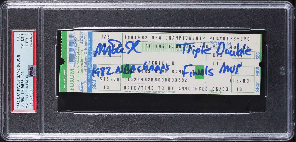 
Magic Johnson Signed 1982 Finals Game 6 Full Ticket Graded 8 Auto 10! PSA Slab