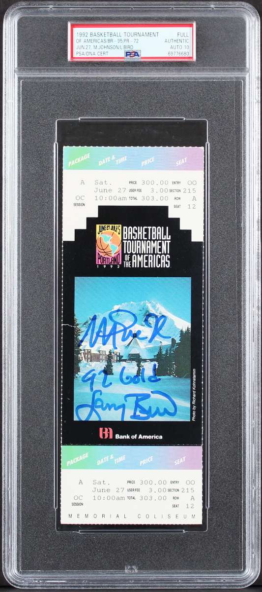 
Magic Johnson & Larry Bird Signed 1992 TOTA Full Ticket Stub Auto 10! PSA Slab