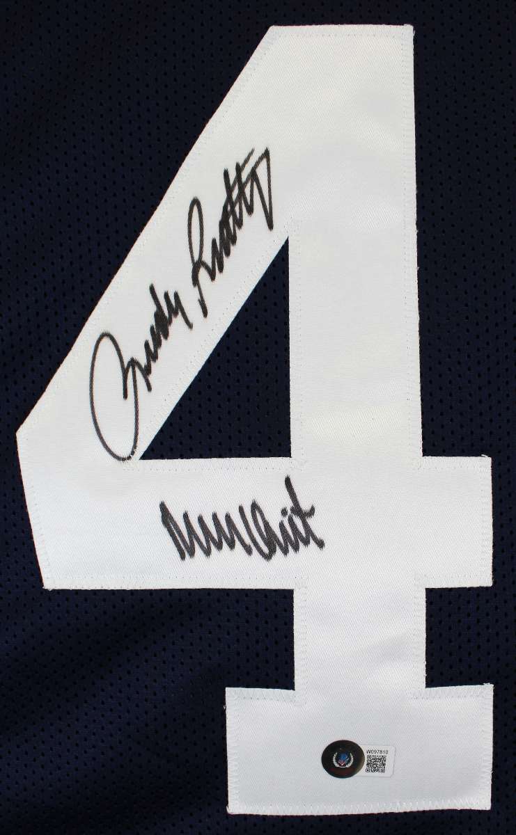 
Notre Dame Rudy Ruettiger & Sean Astin Signed Navy Pro Style Jersey BAS Witness