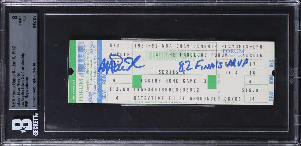 
Magic Johnson 82 Finals MVP Signed 1982 Game 6 Ticket EX-MT 8 Auto 10 BAS Slab 1
