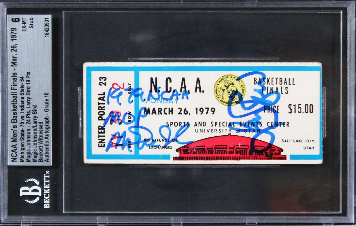
Magic Johnson Larry Bird Signed 1979 NCAA Finals Ticket Grade 6 Auto 10 BAS Slab