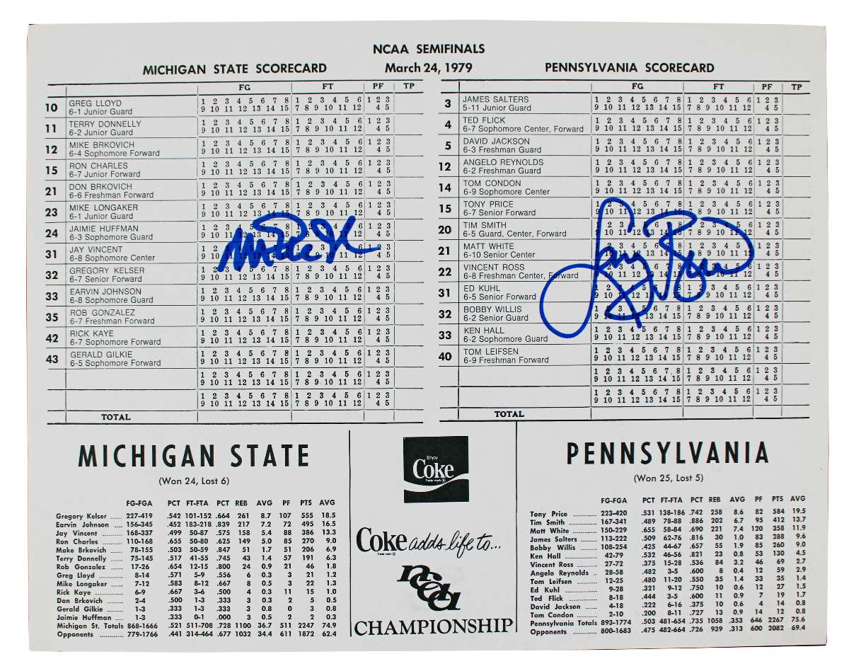 
Magic Johnson & Larry Bird Signed 1979 NCAA Semi-final Scorecard BAS #1W867914