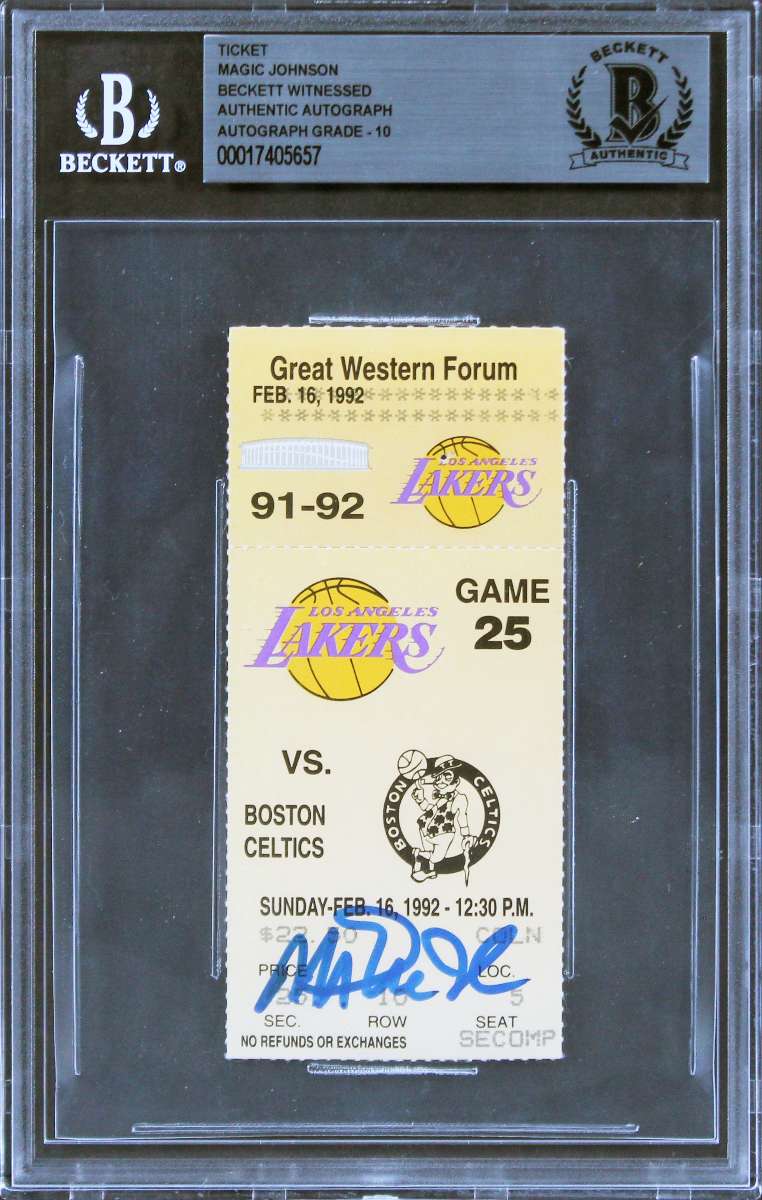 
Lakers Magic Johnson Signed Jersey # Retirement Ticket Stub Auto 10! BAS Slabbed