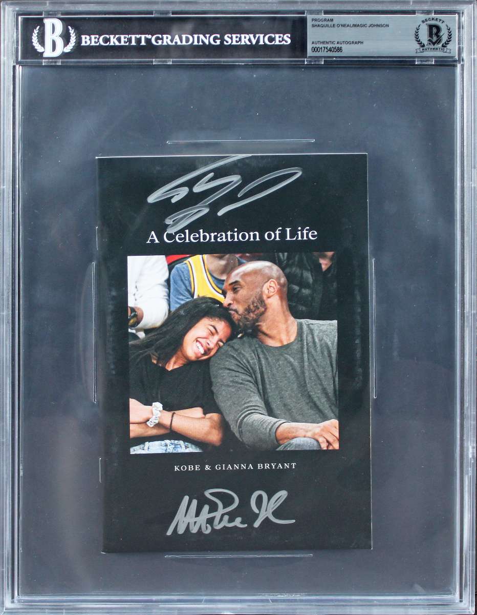 
Lakers Shaquille O'Neal & Magic Johnson Signed Kobe Bryant COL Program BAS Slab